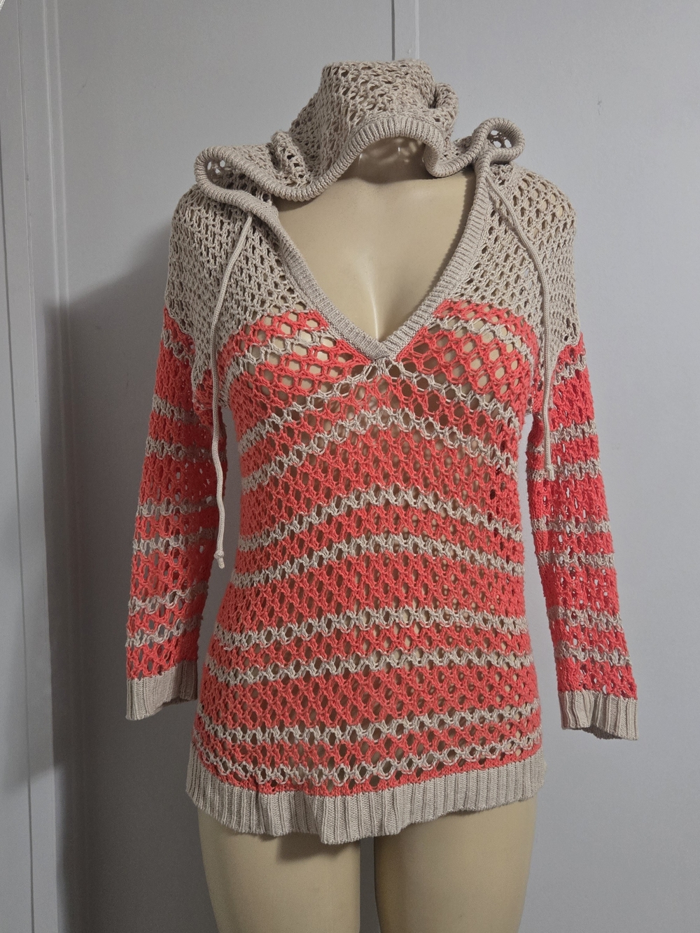 American Eagle Outfitters Beige and Coral Open-Knit V-Neck Hoodie Sweater